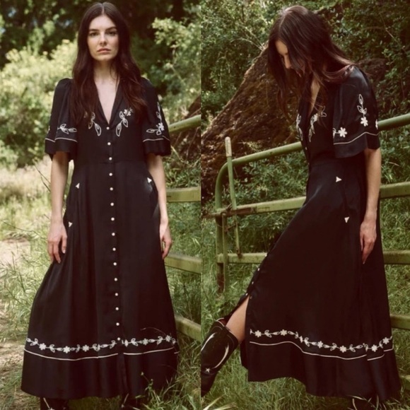 The Great. The Western Bridge Embroidered Satin Midi Dress Black Small Size:1 - Picture 4 of 16